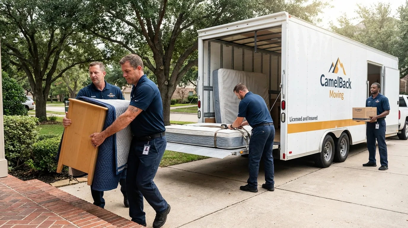 Crew loading residential truck for cross-state move from Mohall, ND