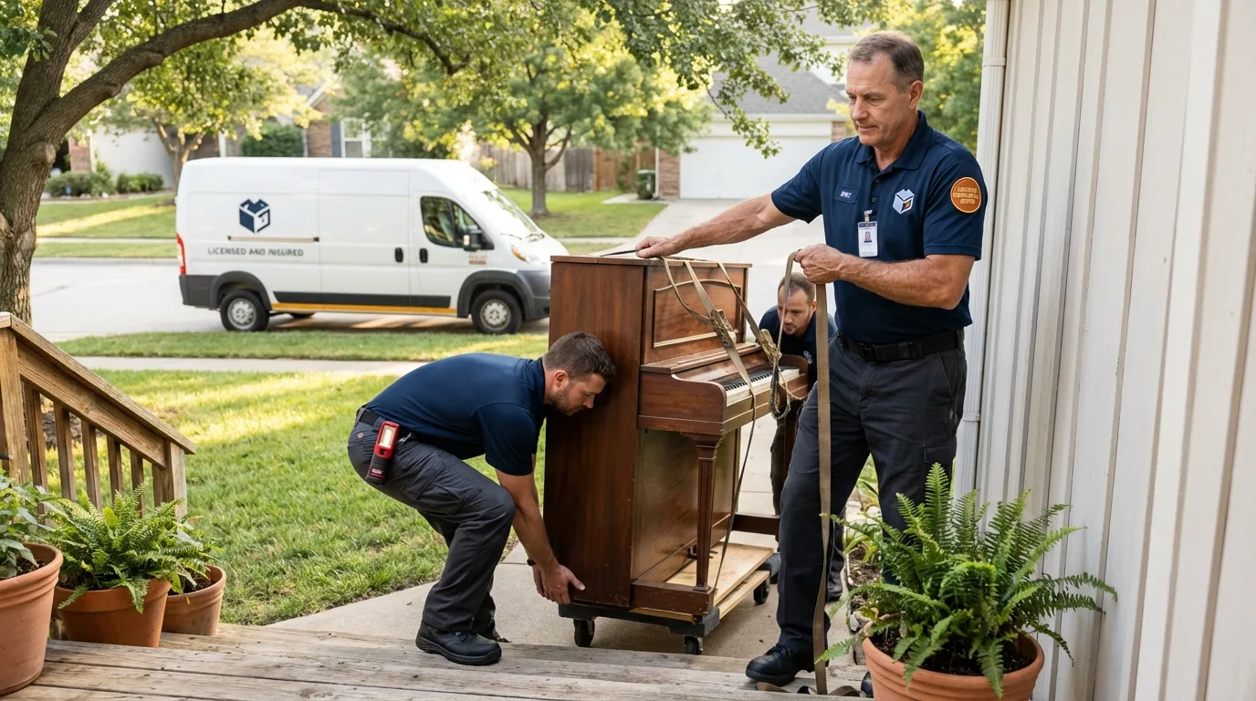 Licensed piano movers securing grand piano in Mohall, ND