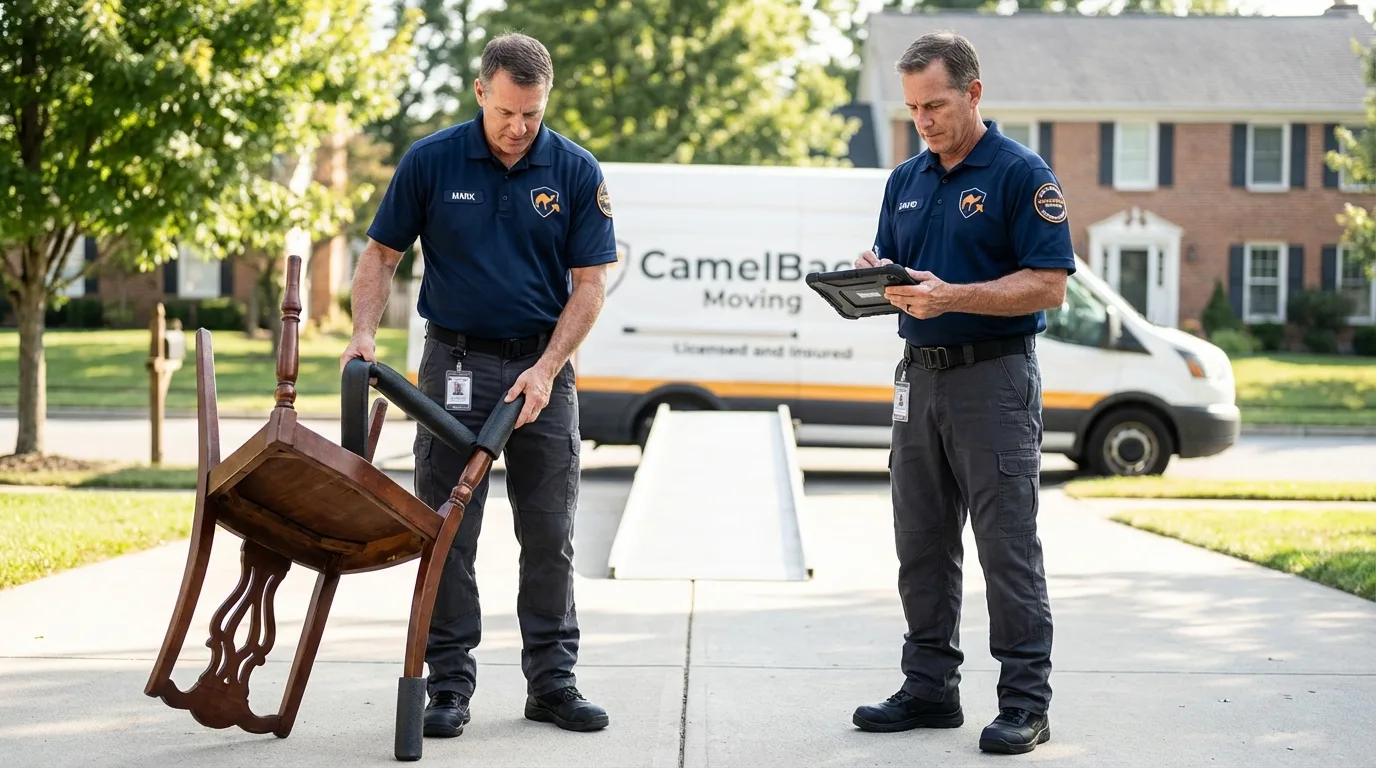 Movers inspecting furniture for damage prevention before loading in Mohall, ND
