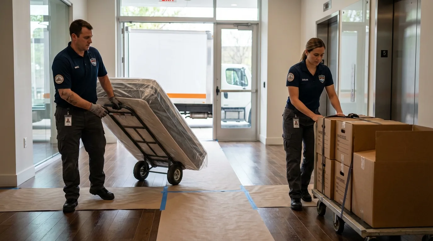 Professional apartment movers loading elevator in Mohall, ND