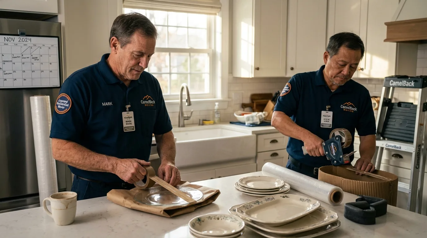 Professional crew packing kitchen dishware in Mohall, ND